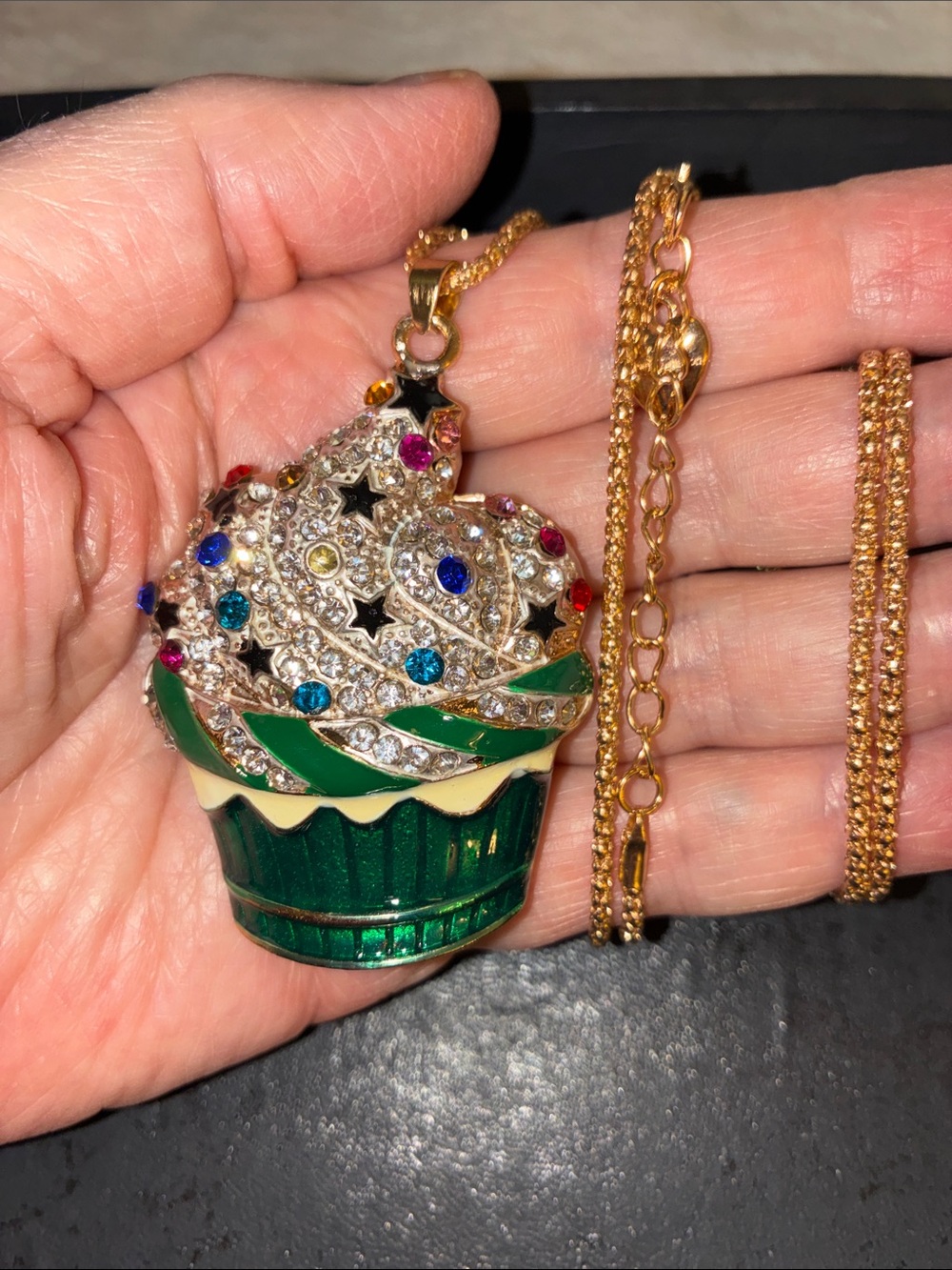 Kids Gold-Tone Green Cupcake Pendant Necklace with Multicolor Stones